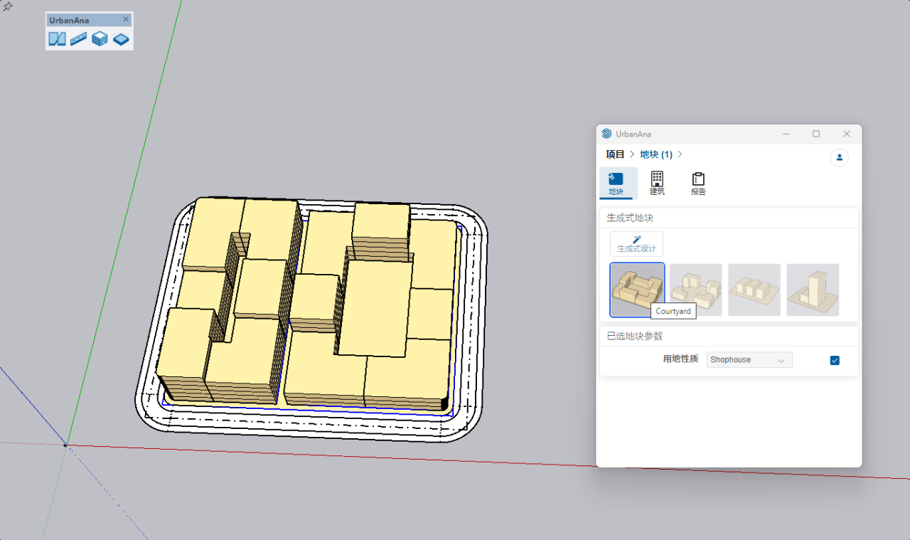 展示建筑生成控制和街区填充选项的生成式设计面板